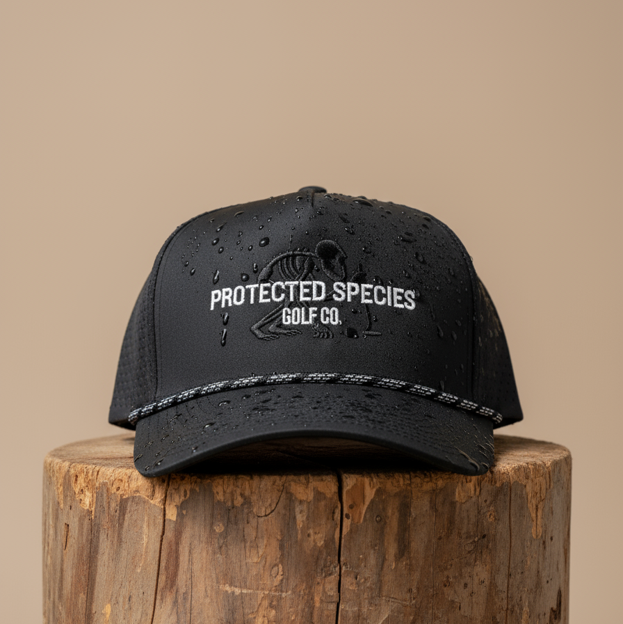 Black cap with 'Protected Species Golf Co' text on a golf course
