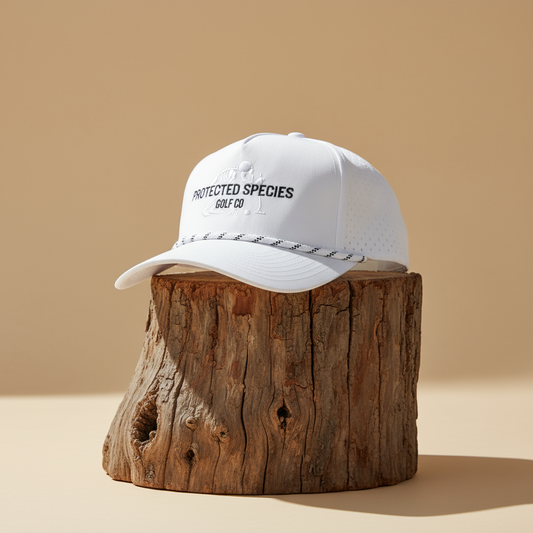 White cap with 'Protected Species Golf Co' text on a golf course green